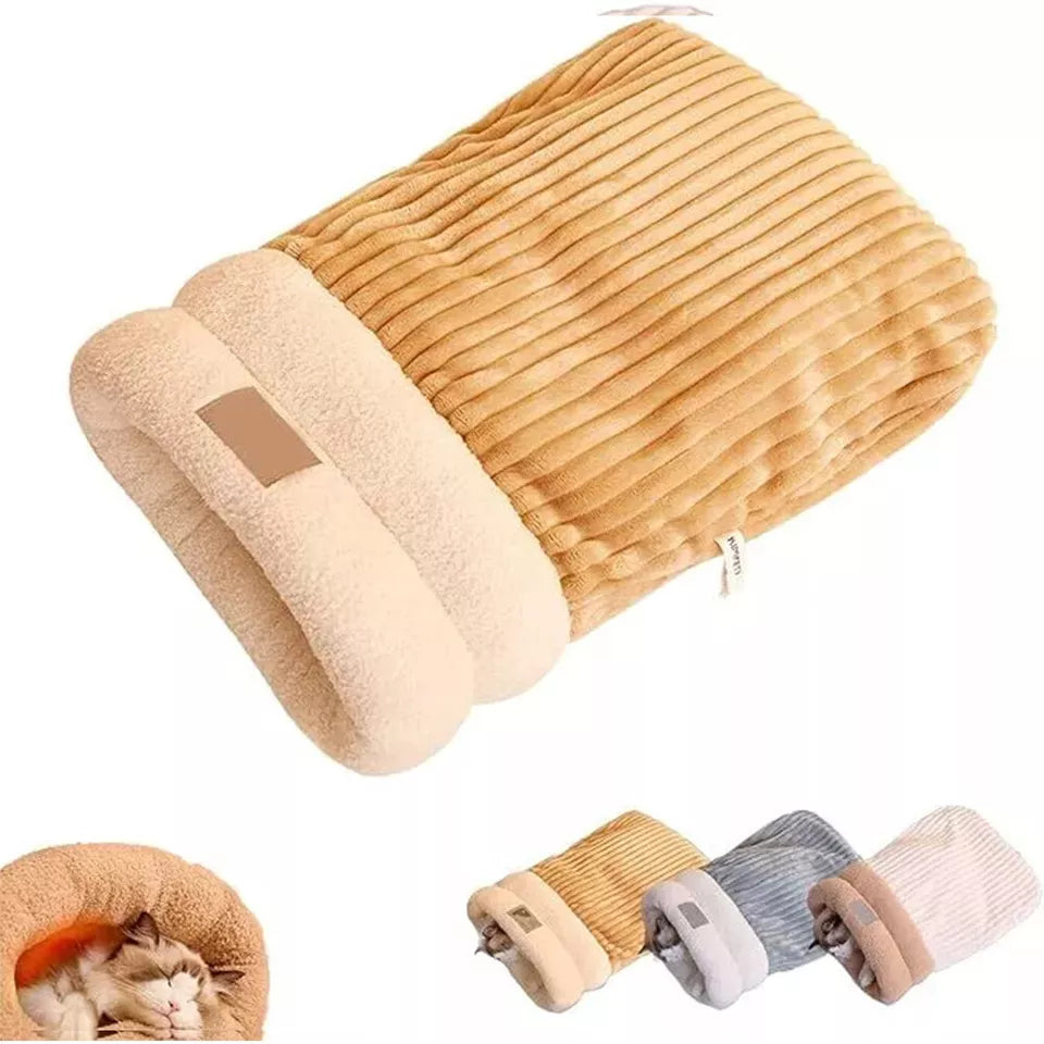 Gray plush cat cave sleeping bag, an ultra-soft and warm hideaway for pets. Machine washable for hygiene.