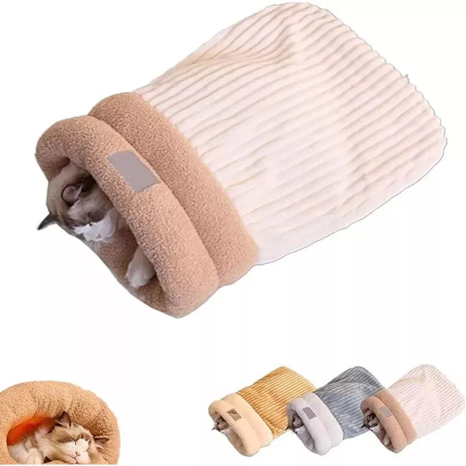 The ultimate feline retreat: an ultra-soft, washable cat sleeping bag and cozy cave pet bed for comfort.