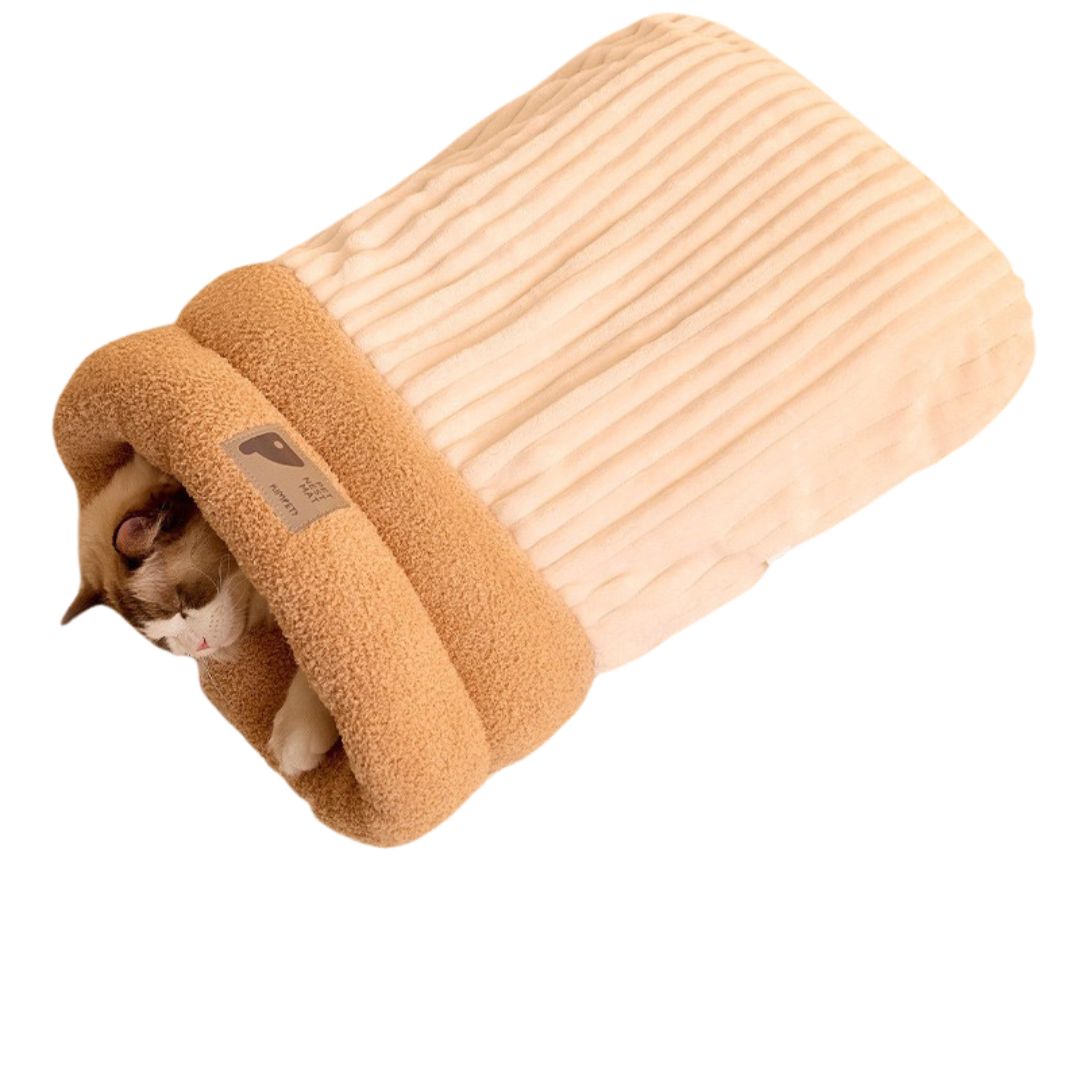 Soft cat bed in a sleeping bag design, perfect for pets seeking a cozy, secure, and washable hideaway.