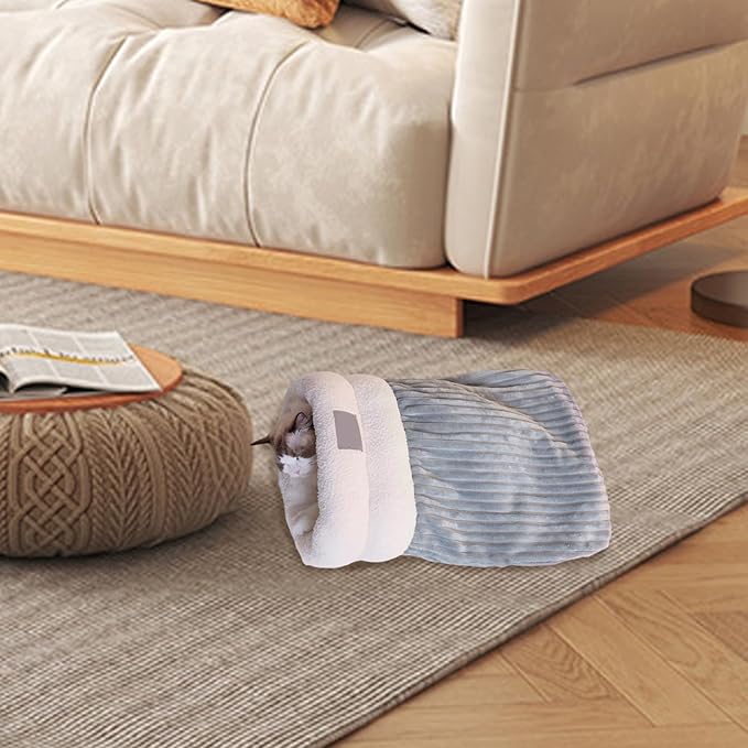 Cozy cat sleeping bag made from plush fabric, offering a comfortable and warm hideaway for felines.