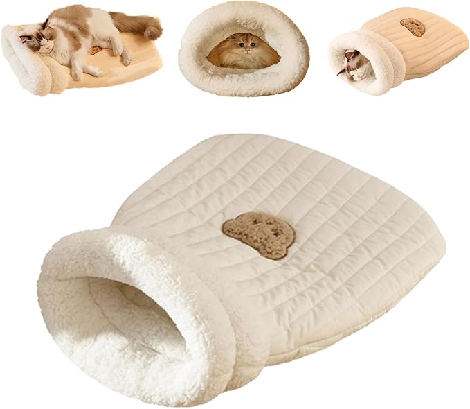 Feline comfort: a plush cat sleeping bag and cave bed, providing a secure and cozy space for pets.