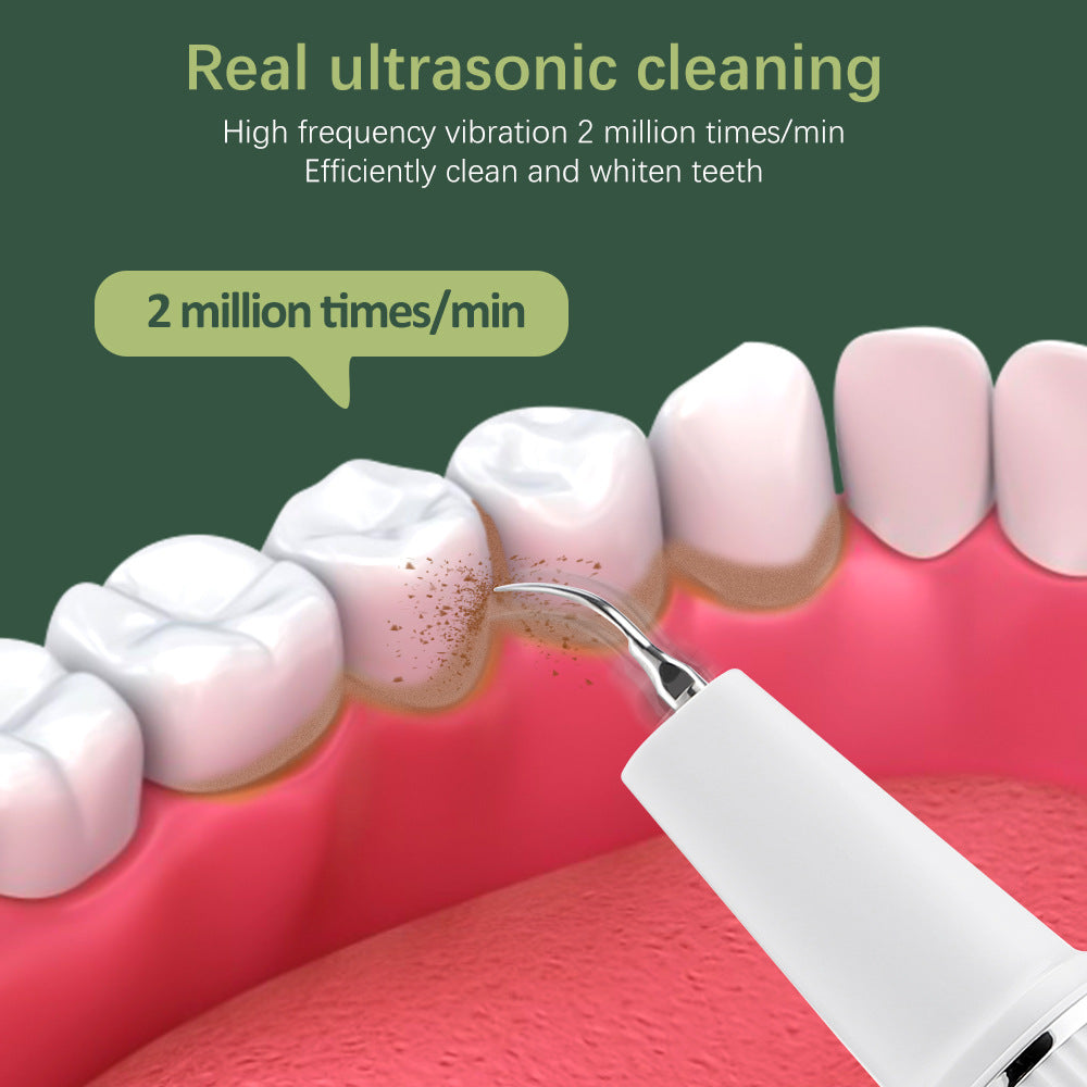 Ultrasound Tooth Cleaner showing camera, tip, & controls. Remove plaque & tartar for a brighter, healthier smile.