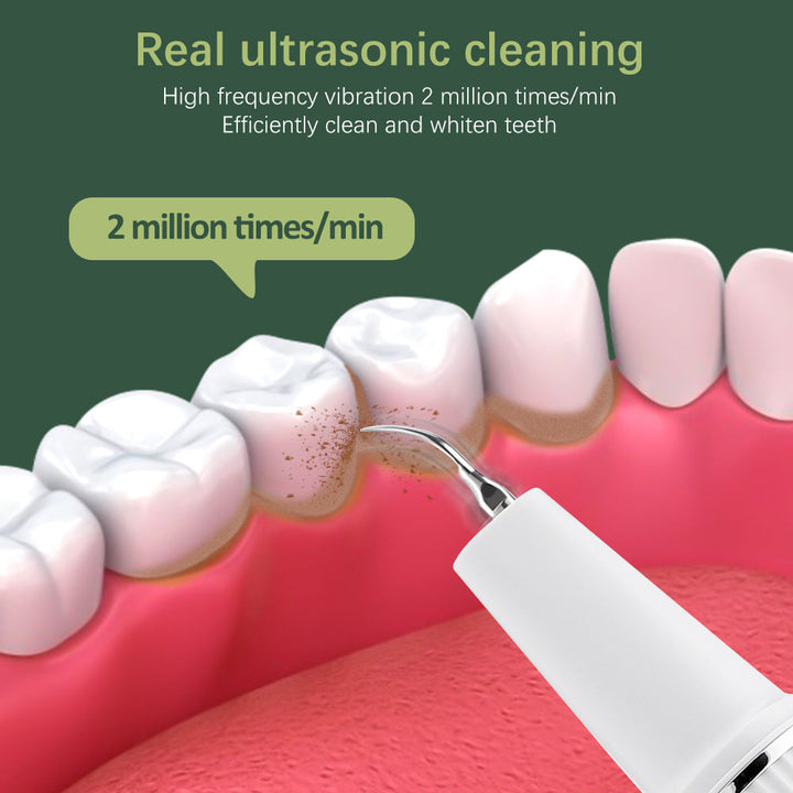 Ultrasound Tooth Cleaner showing camera, tip, & controls. Remove plaque & tartar for a brighter, healthier smile.