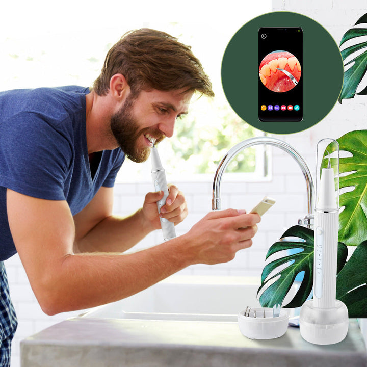 Compact Ultrasound Plaque Remover with integrated camera for efficient at-home oral care & thoroughly clean teeth.