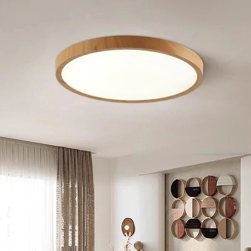 Elegant walnut finish circular ceiling light. Contemporary LED fixture for modern home decor & sophisticated lighting.