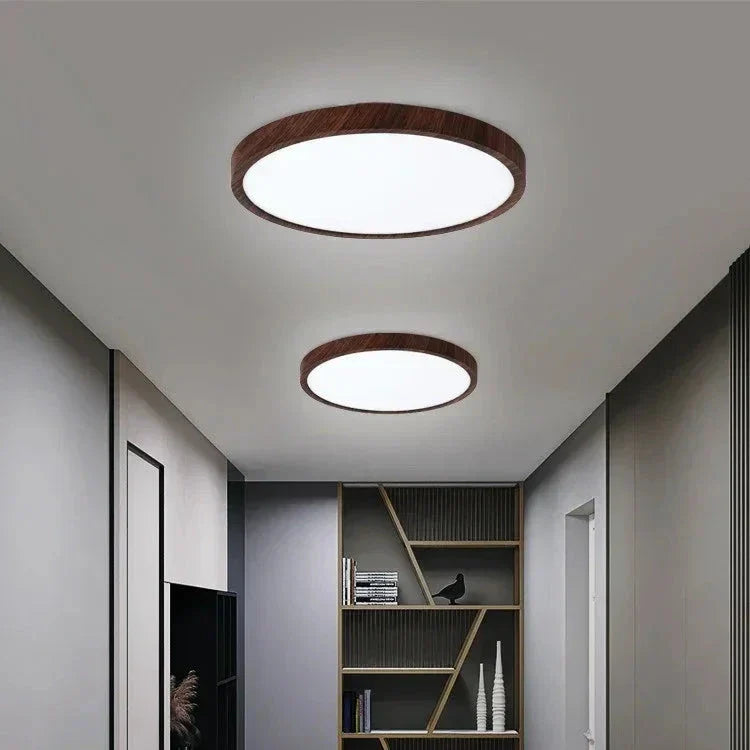 Contemporary ultrathin circular ceiling lamp with real walnut wood finish. Elegant home decor and bright lighting.