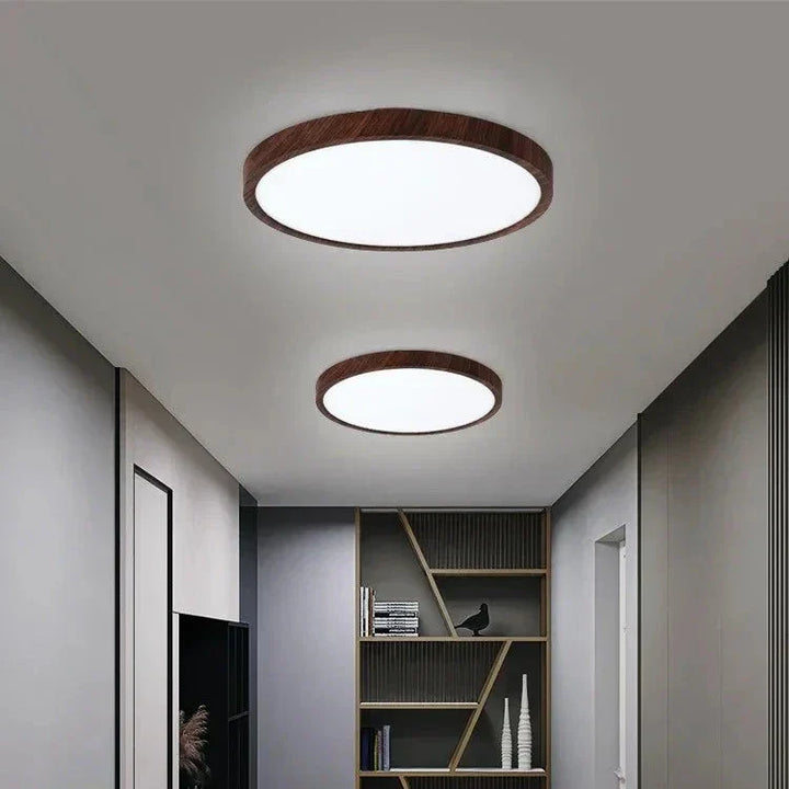 Contemporary ultrathin circular ceiling lamp with real walnut wood finish. Elegant home decor and bright lighting.