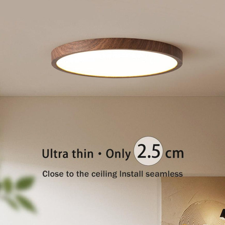 Minimalist circular LED ceiling light. Ultrathin design with natural walnut for elegant modern homes and offices.