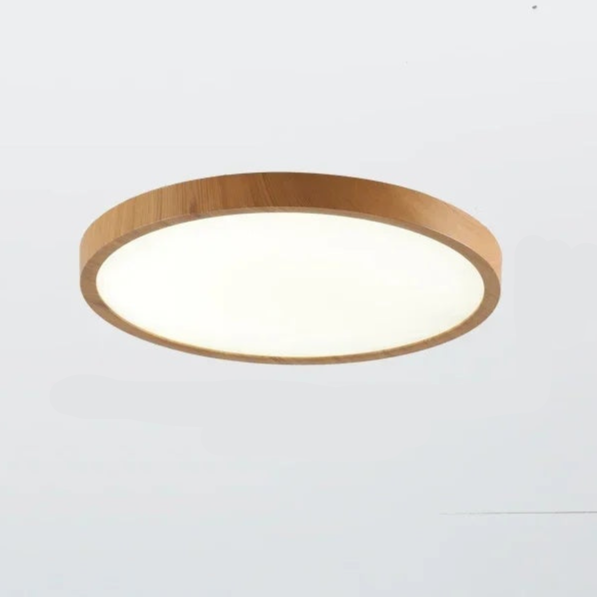 Modern elegant circular walnut ceiling light. Ultrathin LED fixture suitable for living, dining & bedroom spaces.