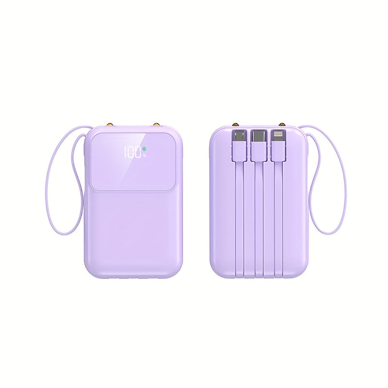 Unisex 10000mAh portable power bank with fast charging & built-in universal cables for phones & devices.