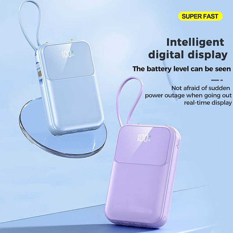 Hand holding a compact 10000mAh fast charging power bank, showing its built-in universal charging cables.