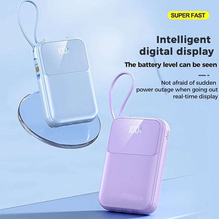Hand holding a compact 10000mAh fast charging power bank, showing its built-in universal charging cables.