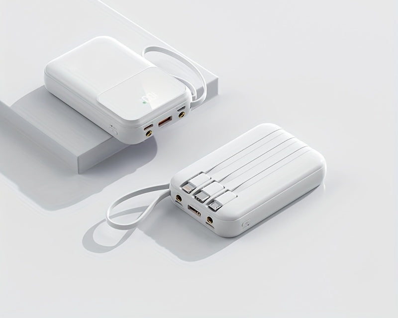 Essential travel power bank, 10000mAh capacity. Fast charges phones & gadgets with convenient built-in cables.