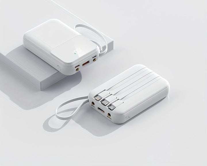 Essential travel power bank, 10000mAh capacity. Fast charges phones & gadgets with convenient built-in cables.