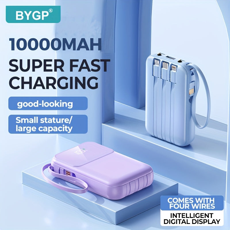 Compact 10000mAh power bank for travel. Features fast charging & integrated cables for convenience.