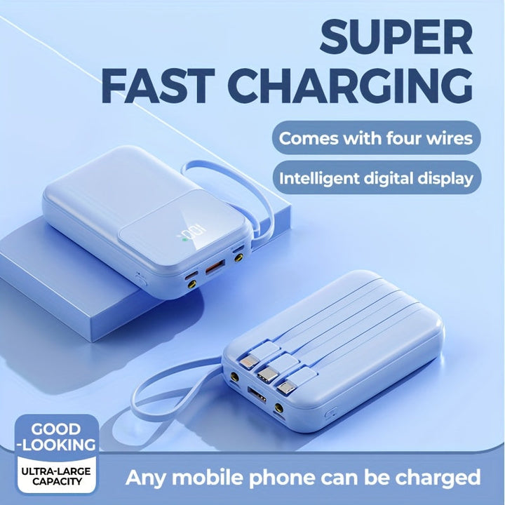 Fast charging 10000mAh external battery. Universal phone charger with built-in Type-C, Lightning & Micro cables.
