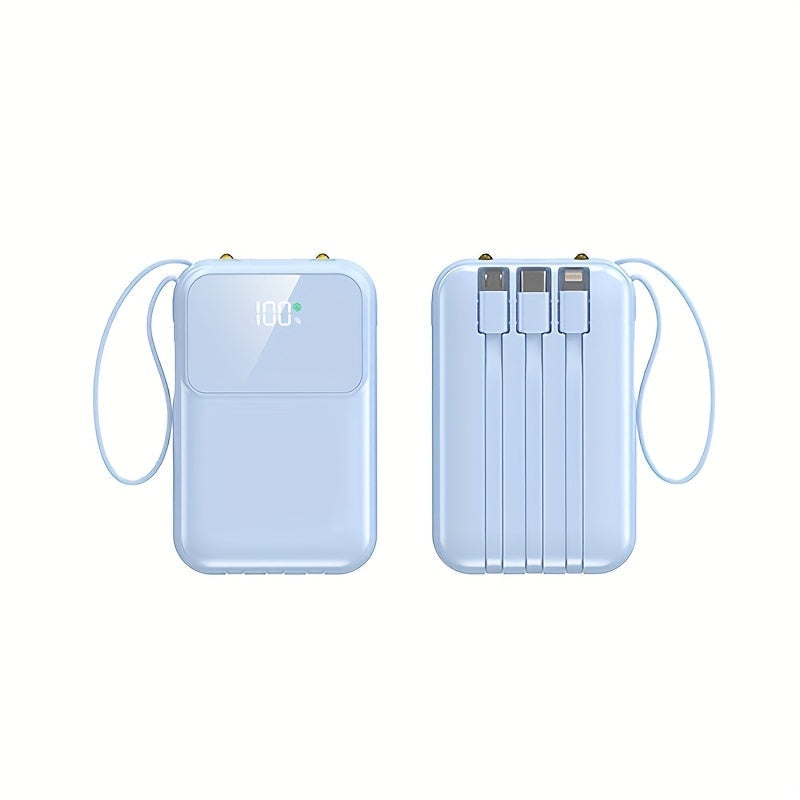 Travel-friendly 10000mAh portable charger. Fast charging phone power bank with built-in cables for all devices.