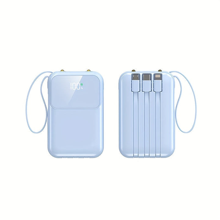 Travel-friendly 10000mAh portable charger. Fast charging phone power bank with built-in cables for all devices.