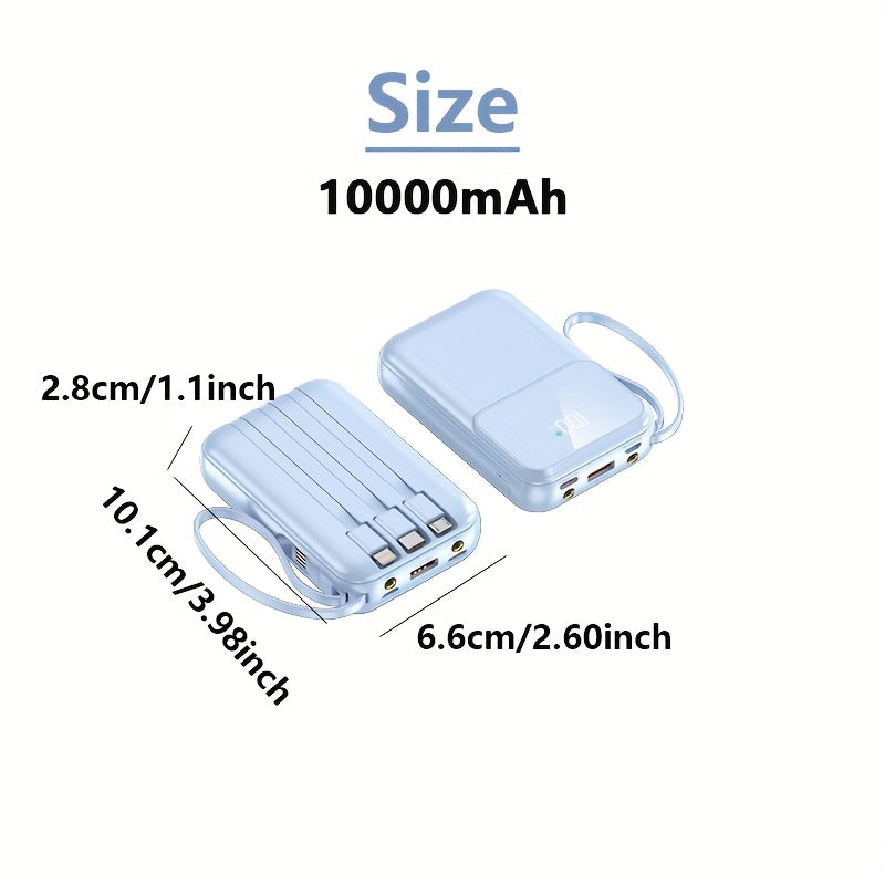 Sleek 10000mAh power bank, fast charging with integrated Type-C, Lightning, Micro USB cables. Essential tech gadget.