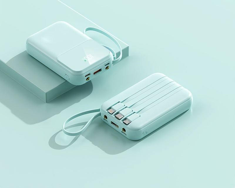 Unisex 10000mAh portable power bank gadget for phones. Features fast charging & multiple built-in cables.