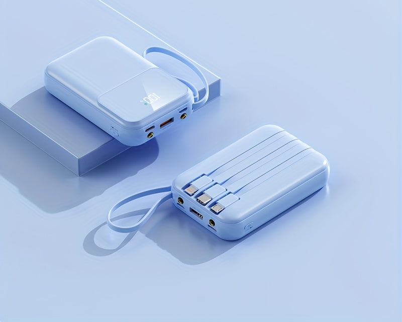 Universal phone charger with 10000mAh capacity & built-in fast charging Type-C, Lightning, Micro USB cables.