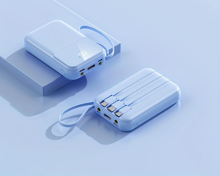 Universal phone charger with 10000mAh capacity & built-in fast charging Type-C, Lightning, Micro USB cables.