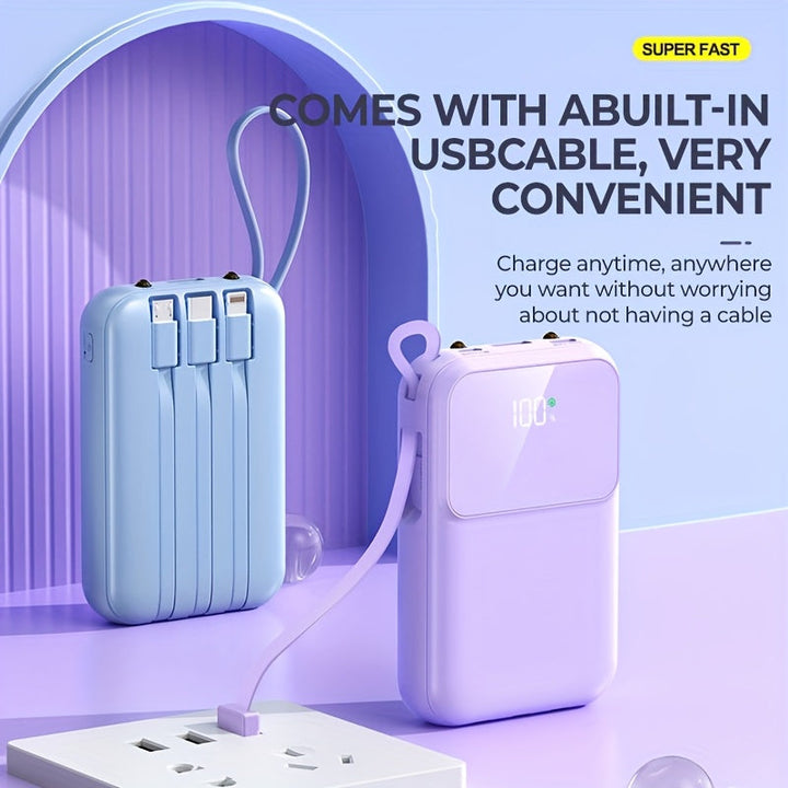 Powerful 10000mAh portable power bank. Fast charging mobile accessory with built-in universal cables for tech.