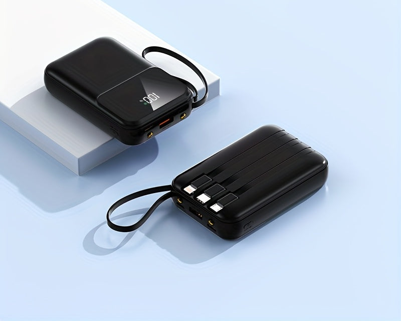 Reliable 10000mAh external battery for fast phone charging. Integrated universal cables for on-the-go power.