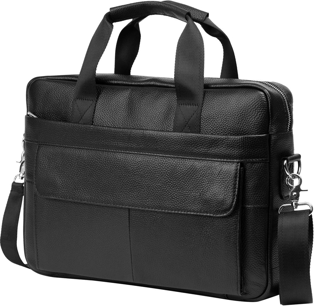 Professional 15" leather business briefcase with multiple organizer pockets for work and travel.