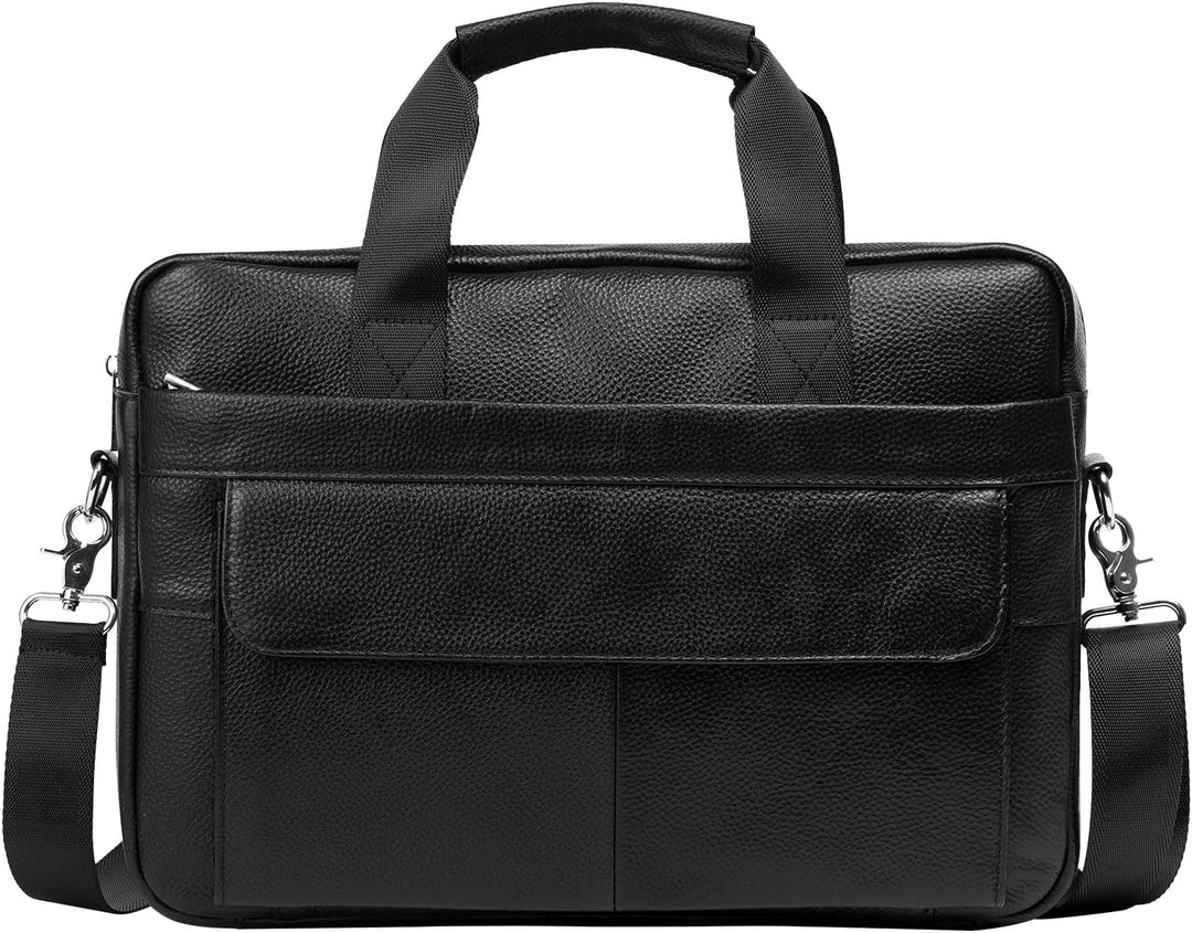 Unisex 15-inch leather laptop briefcase with organizer compartments, ideal for business travel.