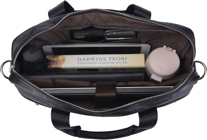 Versatile 15" leather work briefcase for men & women, featuring organizer pockets for travel.