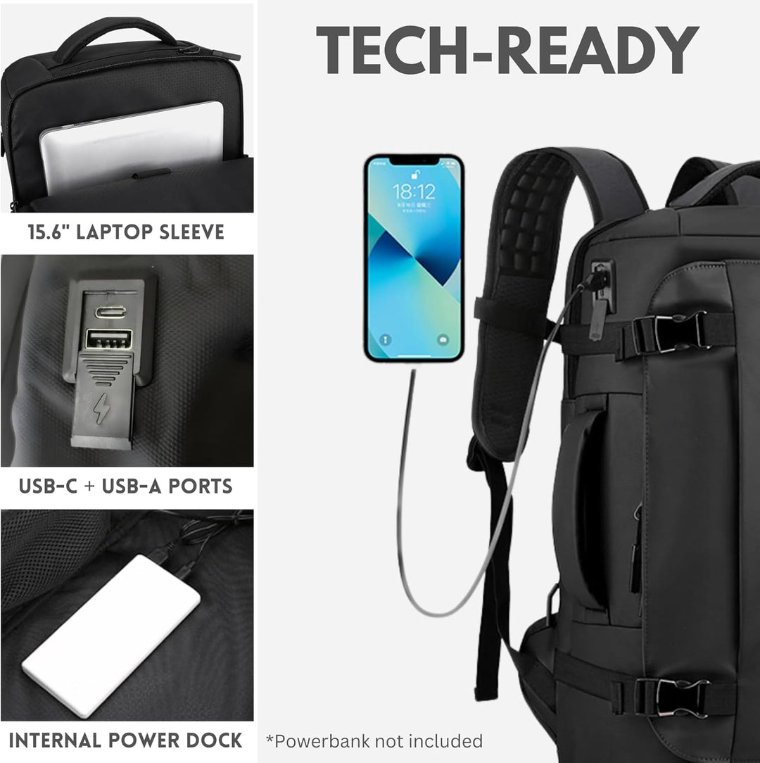 Ergonomic back panel & padded straps on a unisex 15" waterproof commuter backpack for comfort.