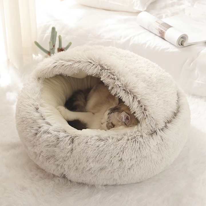 Unisex 2-in-1 plush cat cuddle cave bed, convertible from cozy pet cave to open soft pet bed, gray finish.