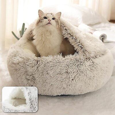 Deluxe plush cat cuddle cave & bed, a 2-in-1 washable pet supply. Provides warmth & a safe retreat for cats.