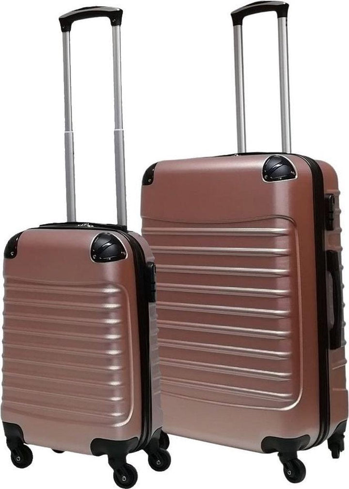 Modern hardshell ABS suitcase duo, spinner wheels for easy airport navigation.