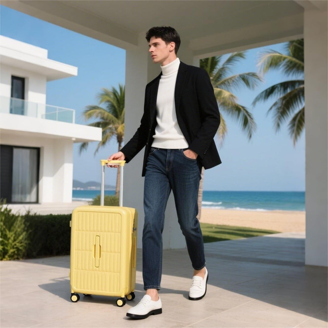 Unisex 20" airline-approved carry-on luggage with durable hard shell & 3:7 split design for efficient packing.