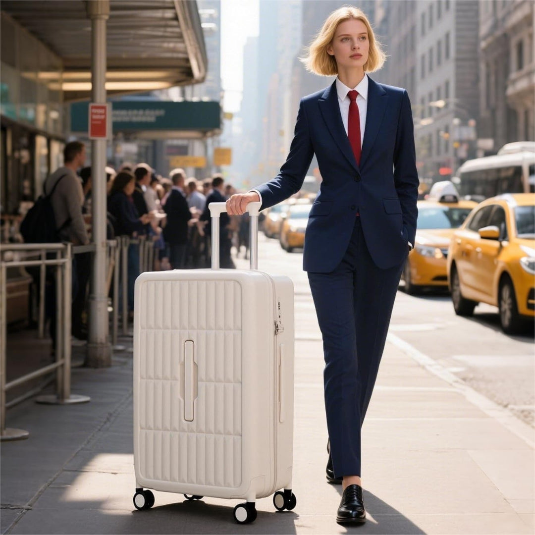 Smart 3:7 split design 20" carry-on luggage, unisex, with easy-glide spinner wheels for modern travelers.