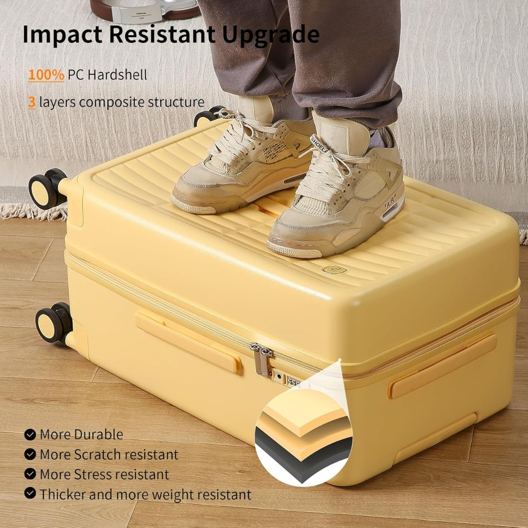 Modern unisex 20-inch carry-on, airline-approved, with 3:7 split and sturdy triple-layer PC shell.