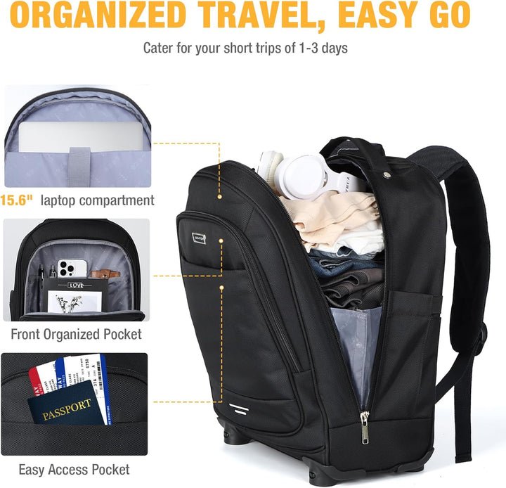 Durable 30L rolling laptop backpack featuring 4 smooth spinner wheels for easy unisex travel & carry-on.