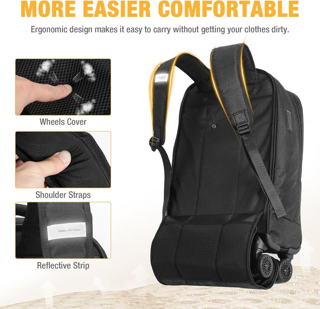 Spacious 30L rolling backpack, water-resistant with spinner wheels. Perfect carry-on laptop bag for travel.