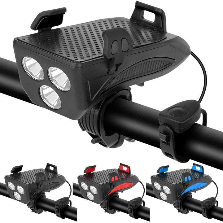 Unisex 4-in-1 bike light, phone mount, power bank, & horn. Essential LED cycling safety accessory for handlebars.