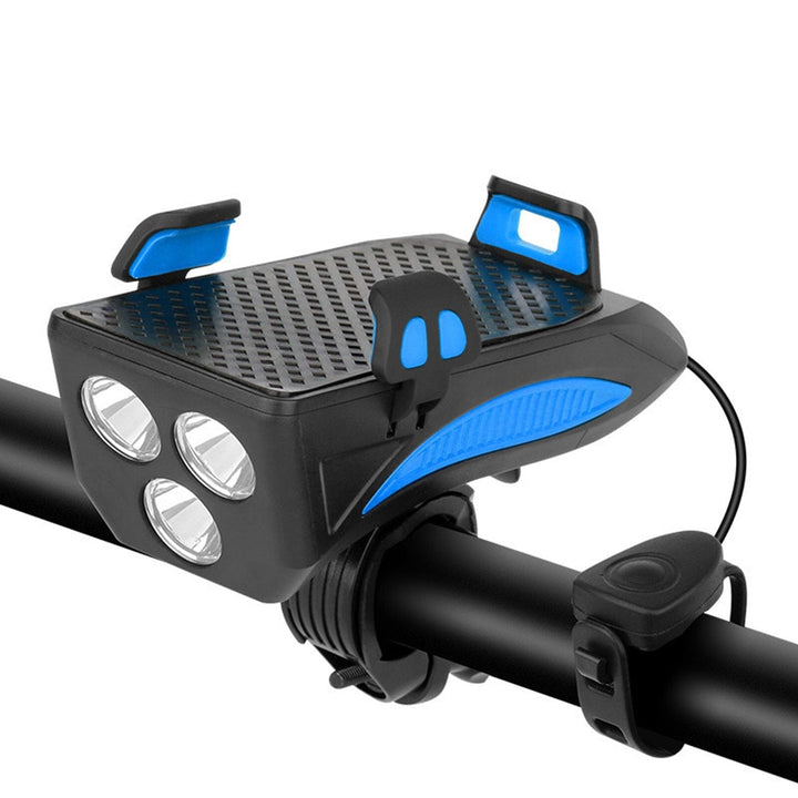 Handlebar mounted 4-in-1 bicycle accessory: bright LED light, phone holder, power bank, & horn for safer rides.