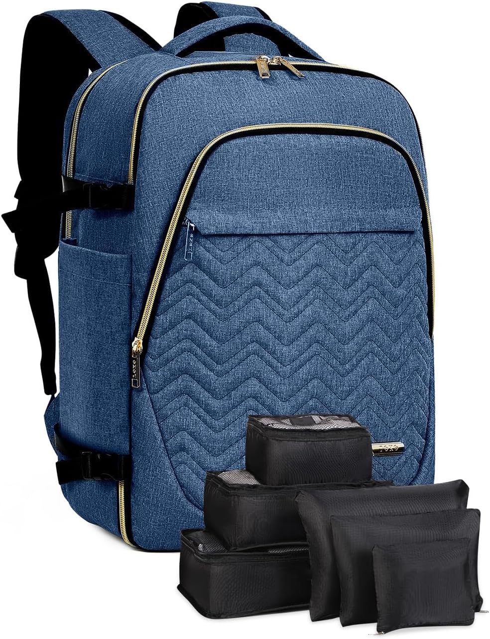 Unisex 40L airline-approved travel backpack in black with 6 packing cubes for efficient carry-on organization.