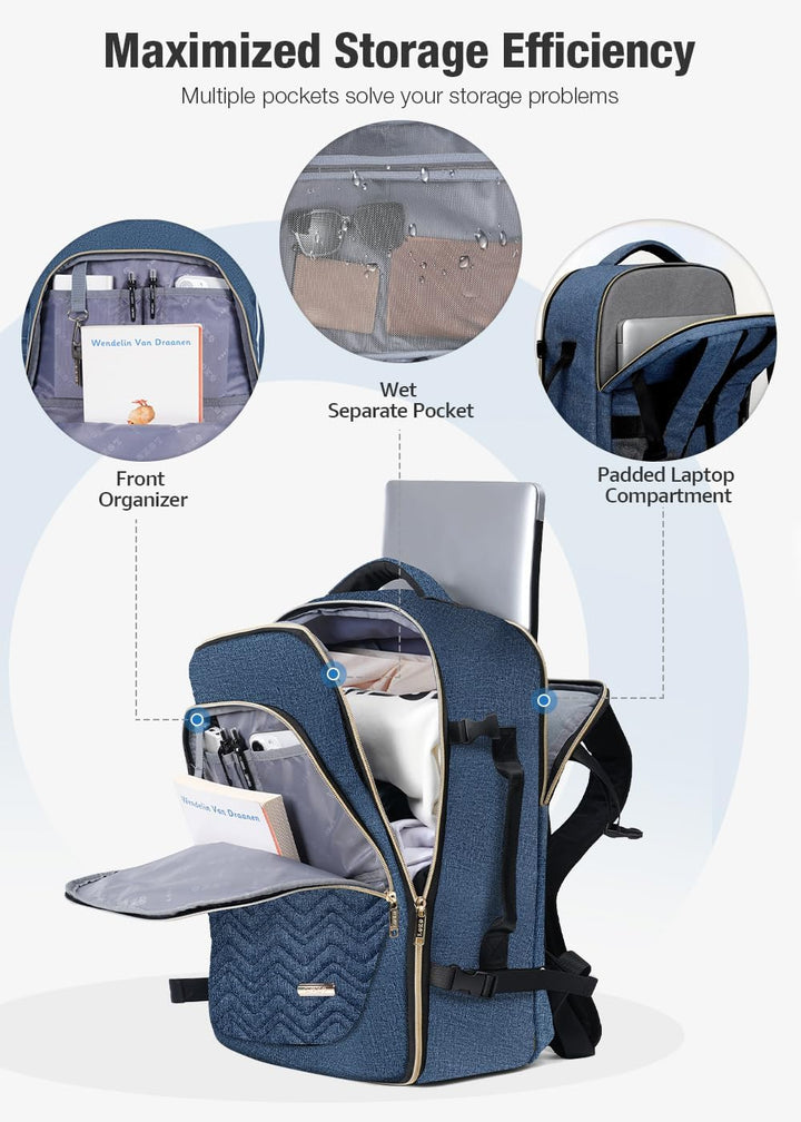 Black 40L airline-approved travel backpack with a padded laptop compartment & matching 6 packing cubes.