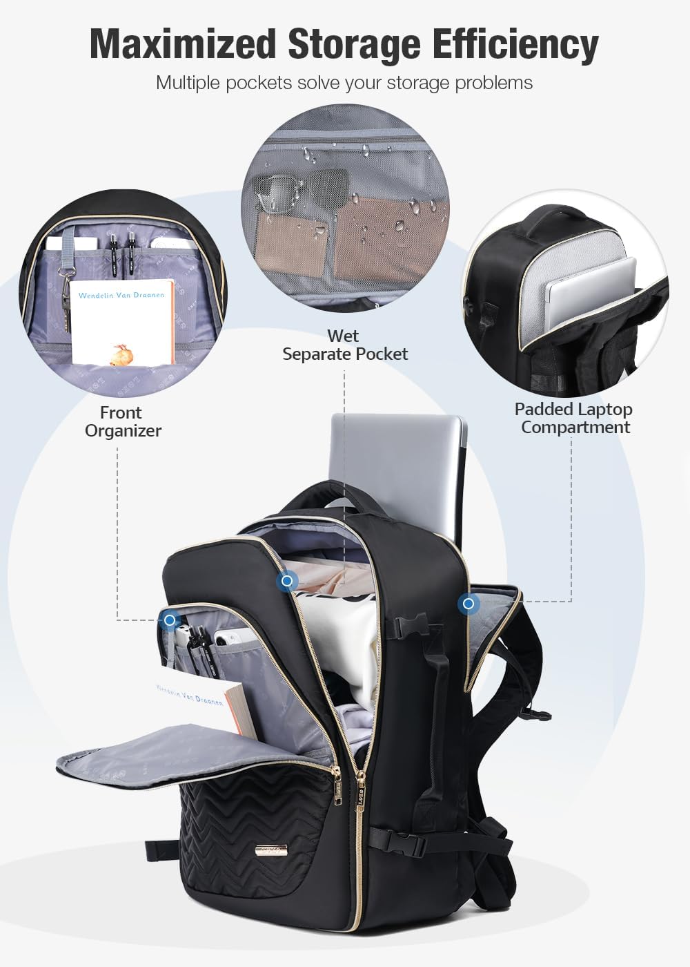 Versatile unisex 40L airline carry-on travel backpack in blue, featuring 6 packing cubes & laptop sleeve.