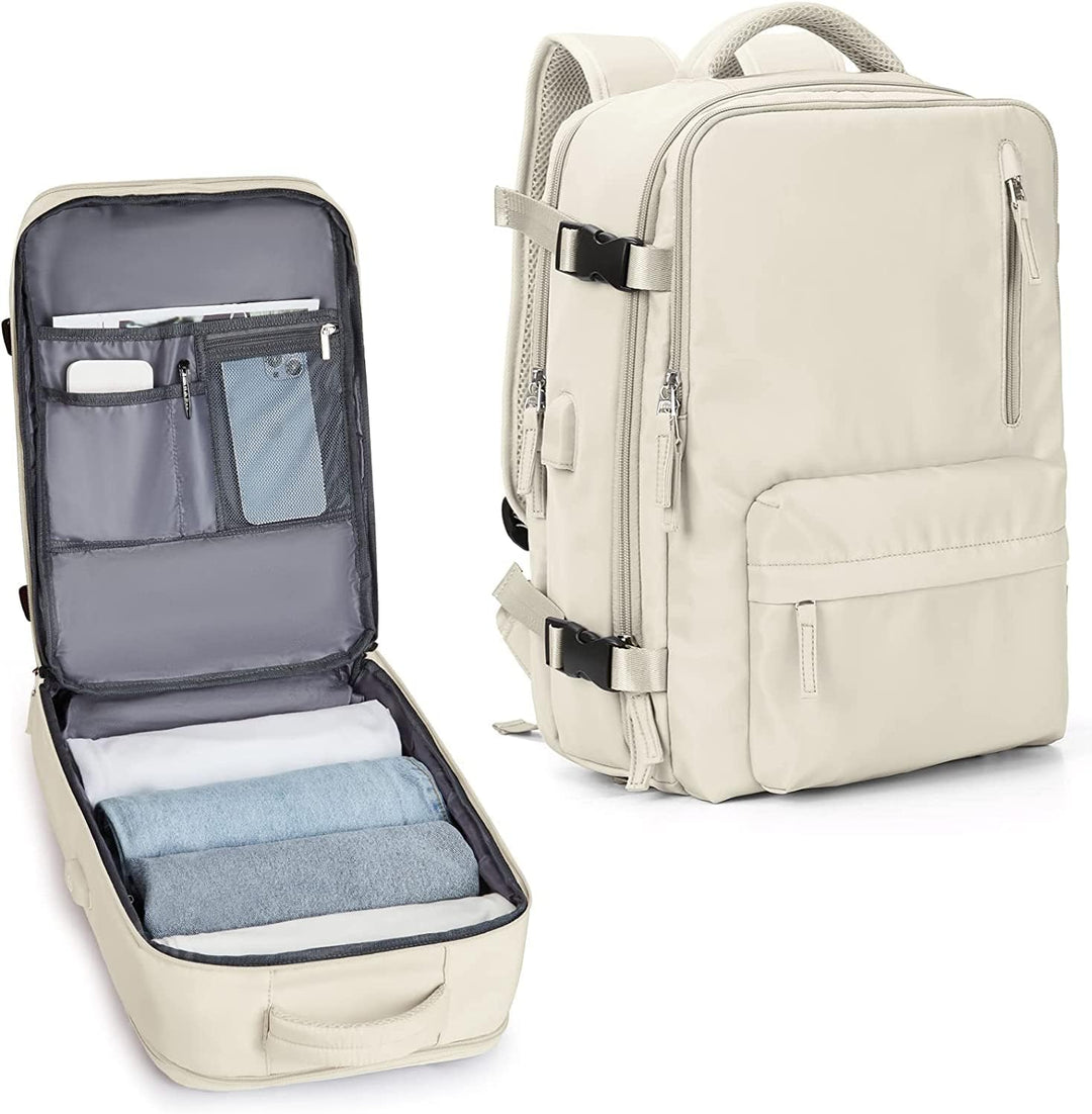 Unisex 40L travel backpack with shoe compartment & USB port for convenient charging on the go.