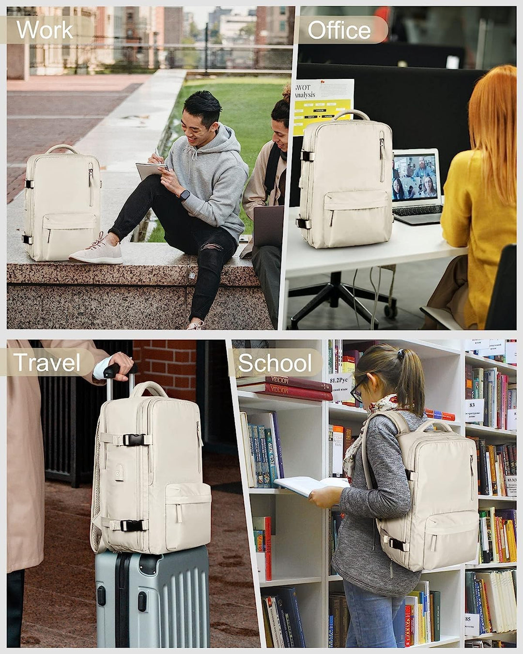 Front view of a versatile 40L travel backpack, perfect for hiking, commuting, and everyday use.