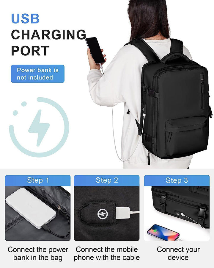 Unisex laptop backpack featuring a USB charging port, padded straps, and multiple organizer pockets.