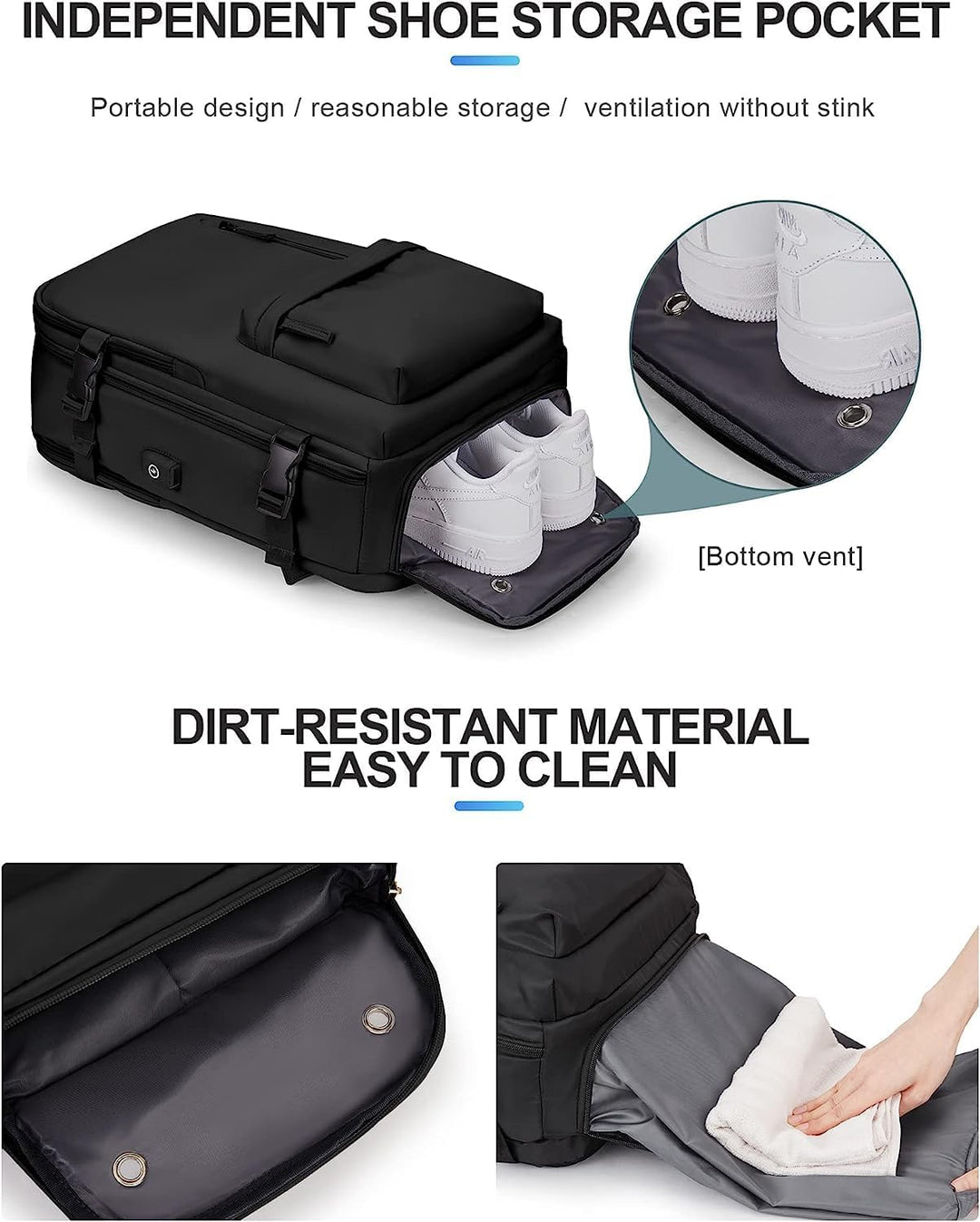 Ergonomic unisex travel backpack with ample storage, a shoe compartment, and water-resistant fabric.