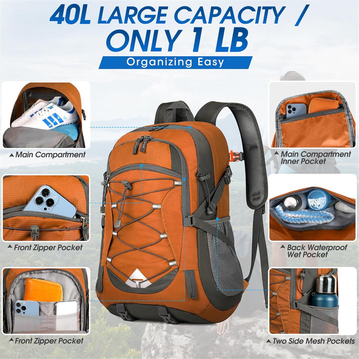 Durable 40L waterproof packable backpack for unisex hiking and camping trips.